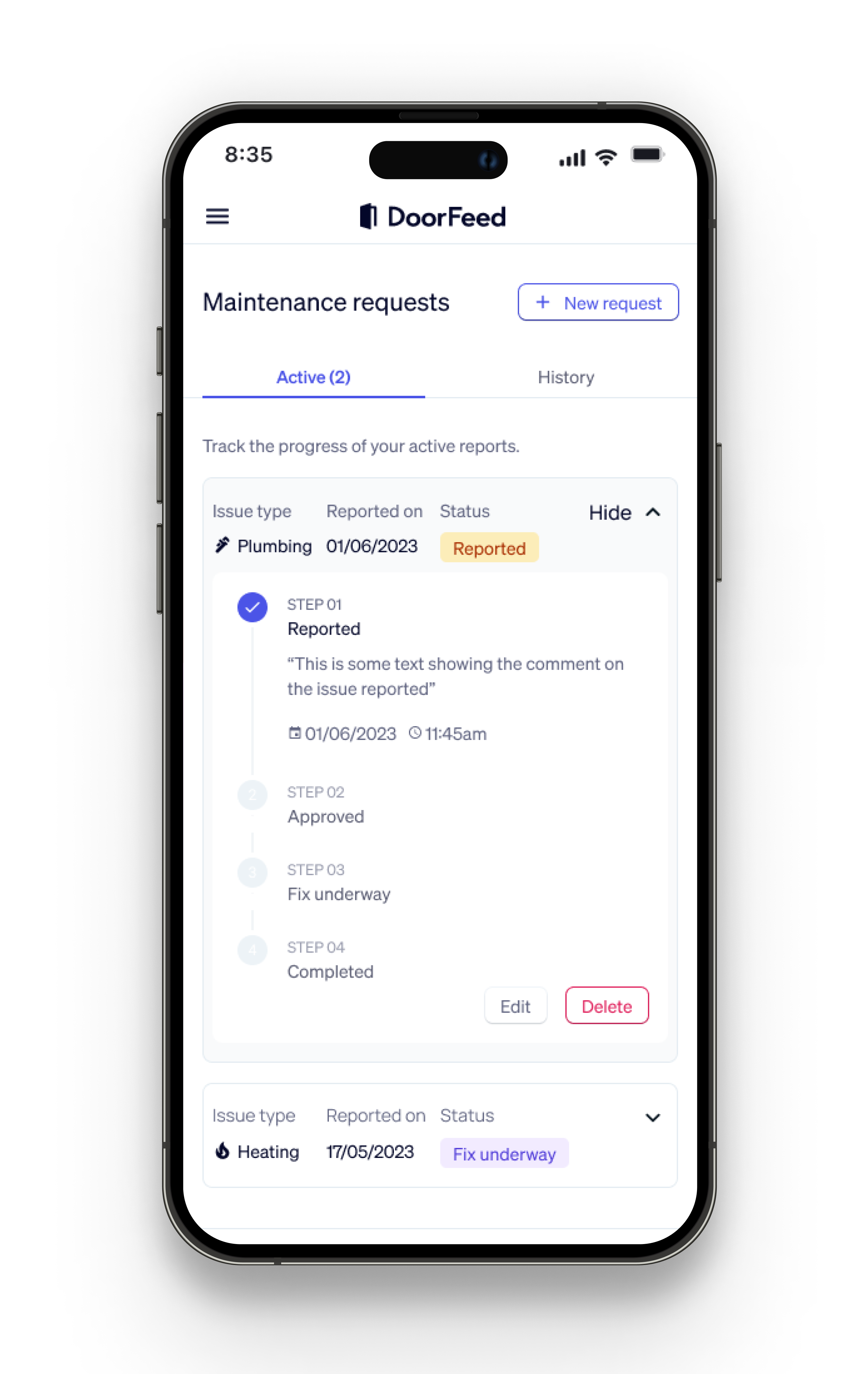 Tenant platform Iphone mock up showing maintenance requests